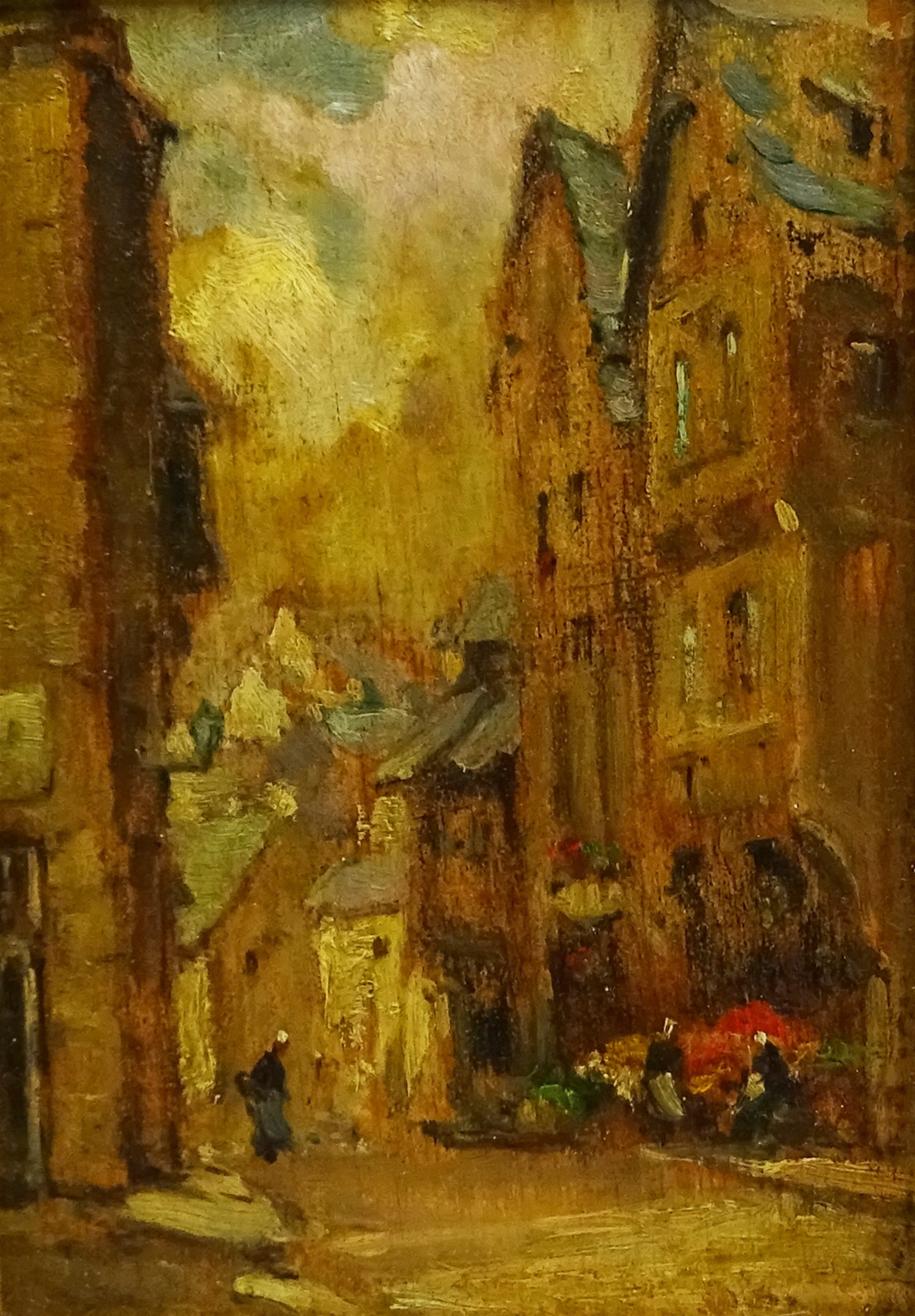 Owen Bowen (Staithes Group 1873-1967): 'A Street in Dinan', oil on panel, inscribed dated 1934 and titled verso 17cm x 12cm

