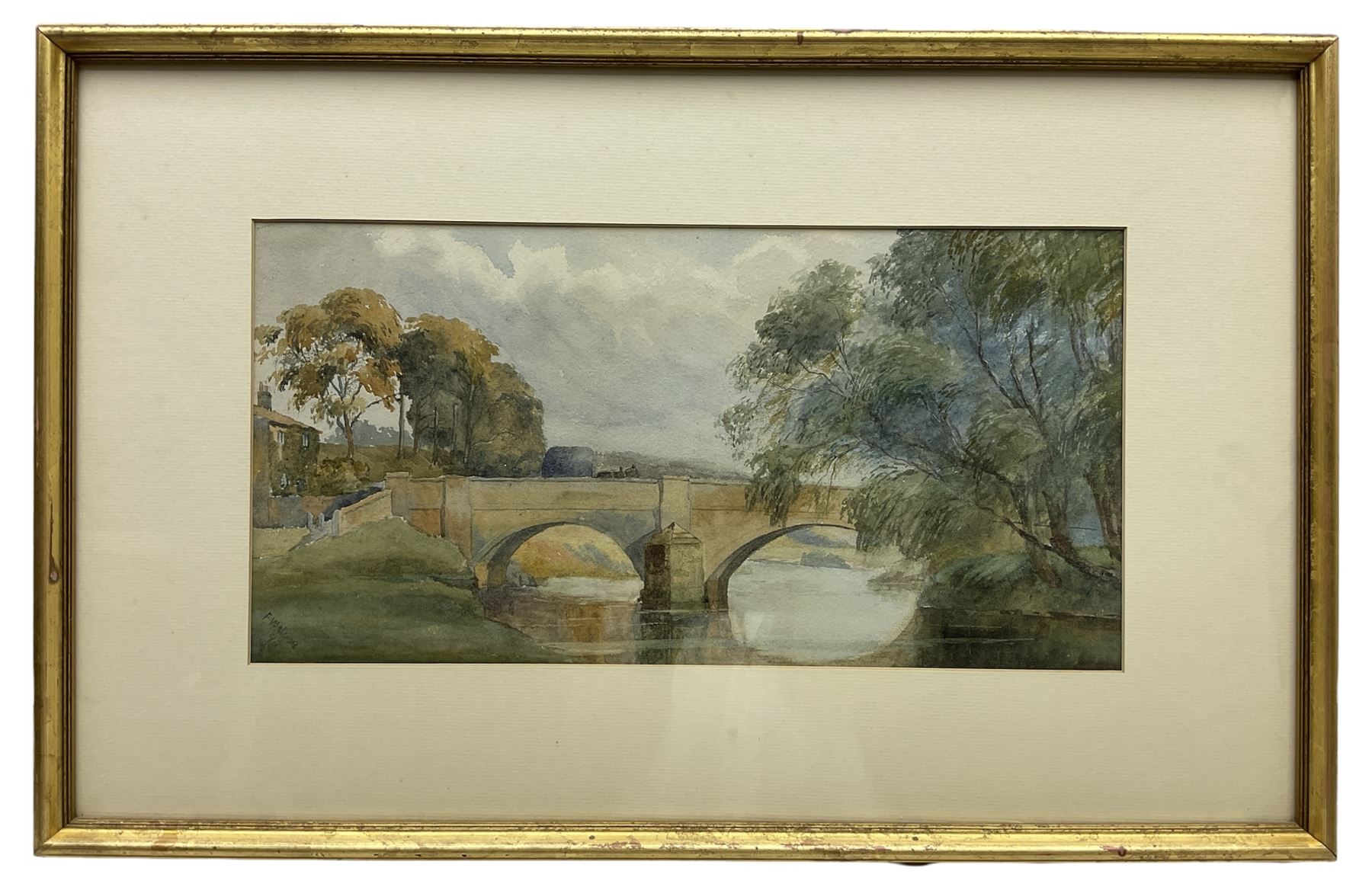 Frances Watson Sunderland (British 1866-1949): Bridge over the River Aire at Stockbridge, watercolour signed and dated '97, 24cm x 47cm