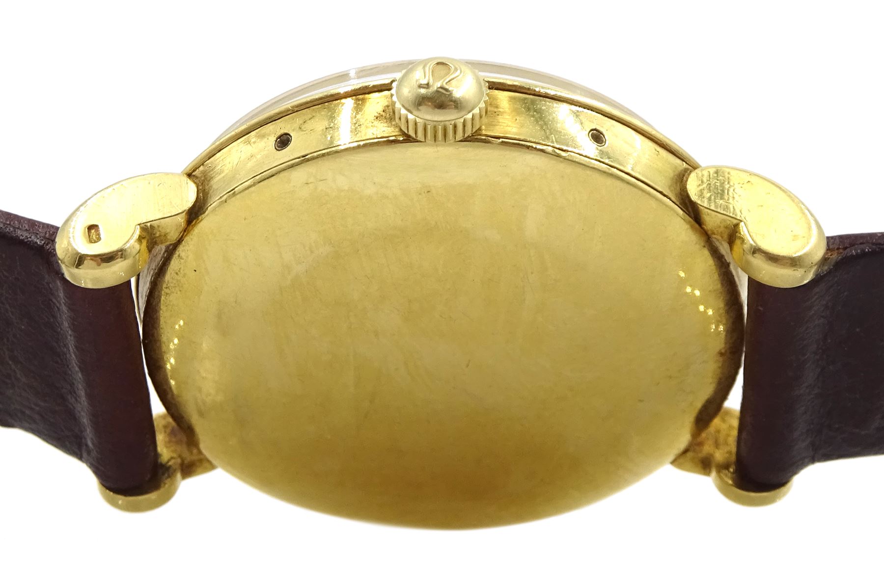 Omega Cosmic Moonphase triple calendar gentleman's 18ct gold manual wind wristwatch, circa 1940's, 17 jewels movement, Cal. 27 DL PC, No. 10936239, on brown leather strap