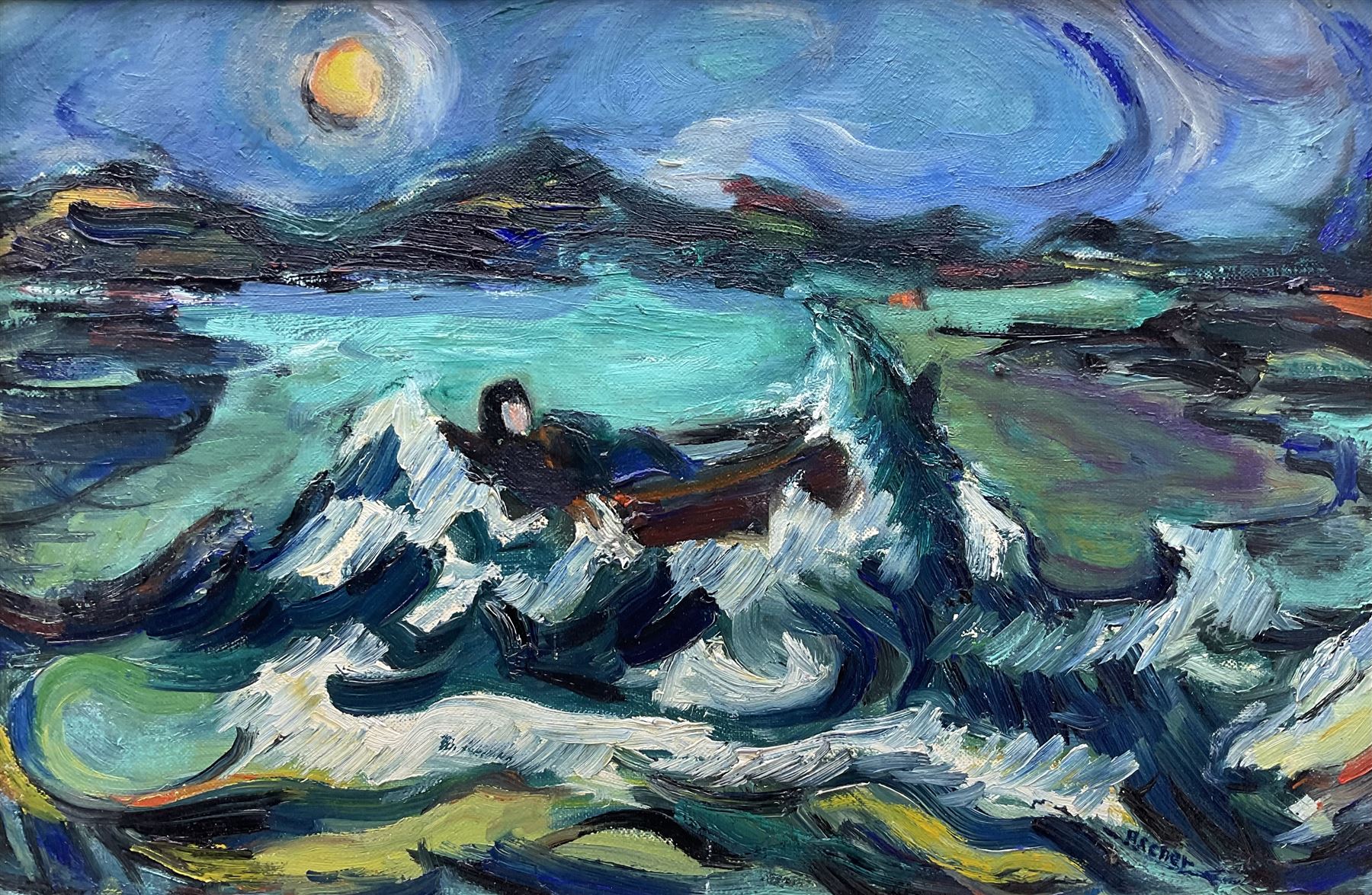 Georges Ascher (Polish 1884-1943): 'Time of Decision', oil on canvas signed 24cm x 36.5cm
Notes: Ascher was a cousin of the painter Roman Kramsztyk. He studied architecture at the Warsaw University of Technology and then continued his studies in Germany. During the war, which set Poland against the Red Army (1919-1921), he joined the Polish army alongside Marshal Piłsudski, and was wounded during the battle of Lwow. After the Polish authorities decorated him, Ascher moved to Lwow and then to Warsaw. He married and became an architect. Moving to Paris in 1925 he devoted himself to art. In 1937, he left his apartment in Paris with his wife and daughter for La Ciotat, where he painted many landscapes. In 1943, Georges and his wife were arrested and sent to the Gurs internment camp. They were deported on convoy number 60 and were died in Auschwitz. Much of Ascher’s work was destroyed in his studio while he was arrested. 
Jewish Artists of the School of Paris 1905-1939 - From 1905 to 1939, Paris attracted artists from all over the globe as the capital of the art world. This period of artistic proliferation became known as the School of Paris, and includes a great diversity of artistic expression. Within the teeming art world centred on Montparnasse, one group set itself apart: Jewish artists from Russia, Poland, and Central Europe. Although their styles were diverse, they shared the common fate of fleeing anti-Semitic persecutions in their home countries. Some became famous in the 1920s, such as Soutine, Lipchitz, and Chagall, while others did not have the time or the luck to gain renown. Nearly half of these artists died in Nazi concentration camps.