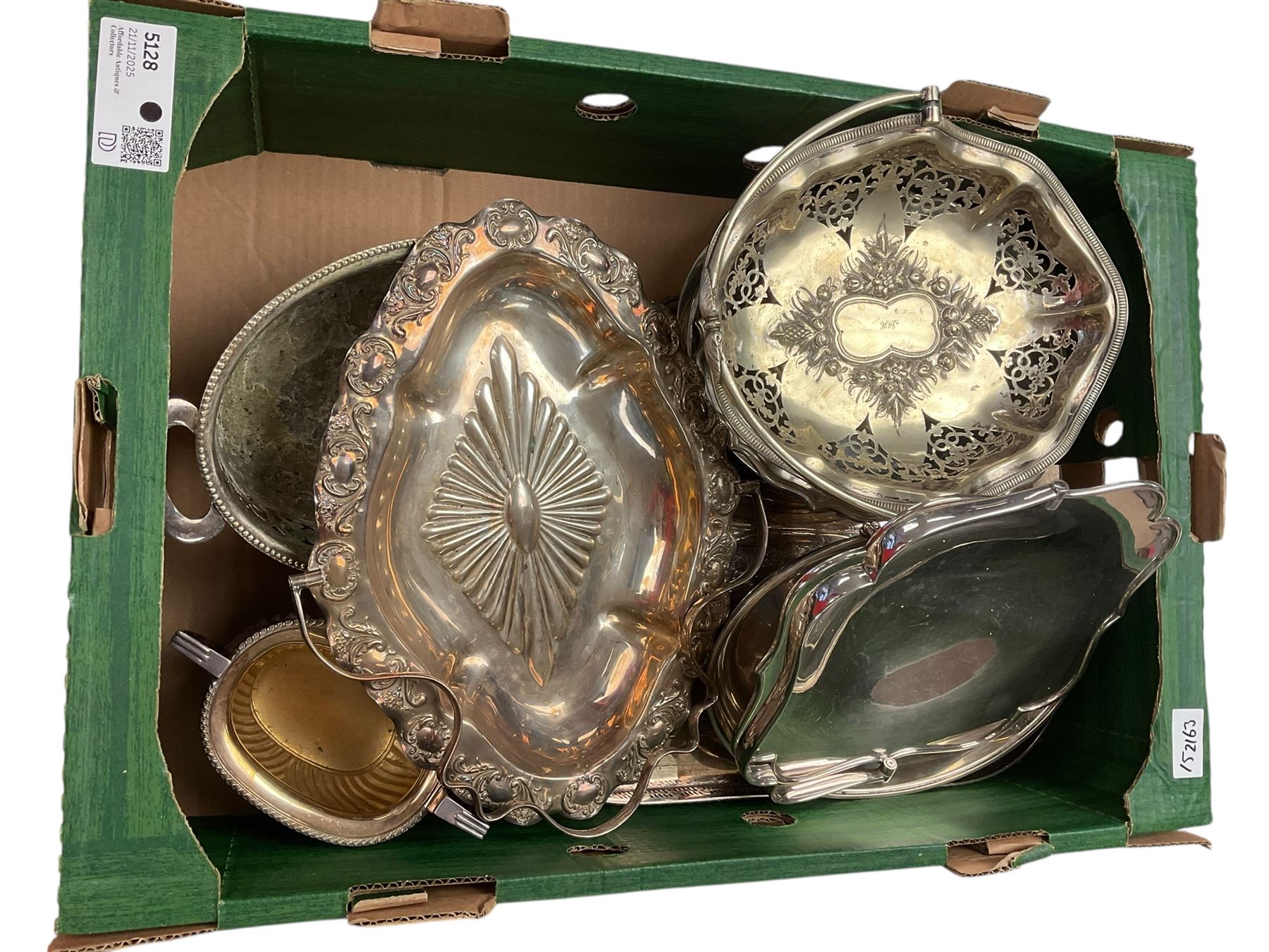 Victorian silver plate chafing dish, together with other silver plate, in three boxes 