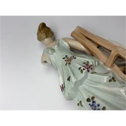 A group of five Continental figurines modelled as the arts, emblematic of music, painting, sculpture, literature, and theatre, each with spurious blue cross mark beneath, H22.5cm. (5). 