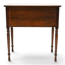 Early 19th century mahogany deception table with drop-front, rectangular top over drop-front with button action to the side, enclosing slatted-base compartment, raised on turned supports
