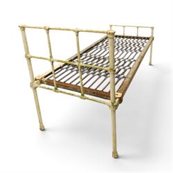 19th century wrought iron single bed, white frame with knot details, frame with wire and spring supports