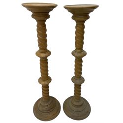 Pair of Victorian design light oak torcheres or jardinieres, circular top with raised lip over a spiral turned column terminating in circular turned plinth base