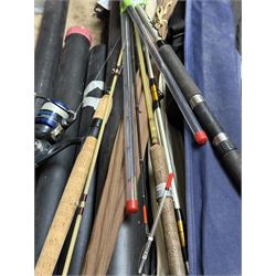 Collection of fishing rods and nets, including Alex Martin Scotia salmon rod, Shakespeare 1650, Allcocks Lucky Strike split cane rod and Chevron Pike 11ft, etc