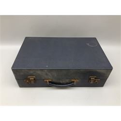 Vintage Harlequin picnic case, with tin sandwiches boxe, ceramic cups, plates, bowls and flatware for four settings, L48cm, H30cm