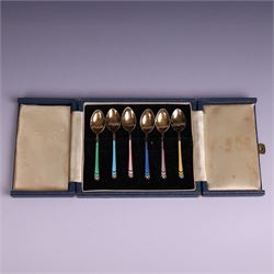 Set of six mid 20th century harlequin enamel coffee spoons, hallmarked Turner & Simpson Lt...