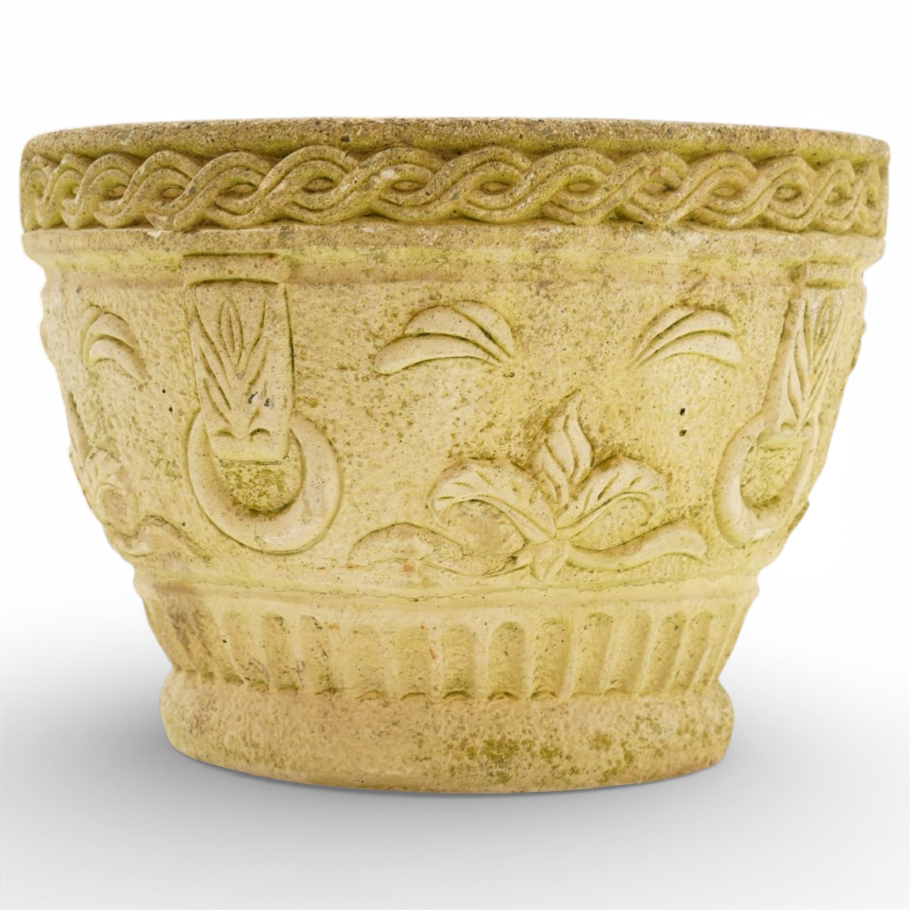 Cotswold Studios - set of two cast stone garden round planters with stylised floral and ropework borders (H 24cm, D 34cm)