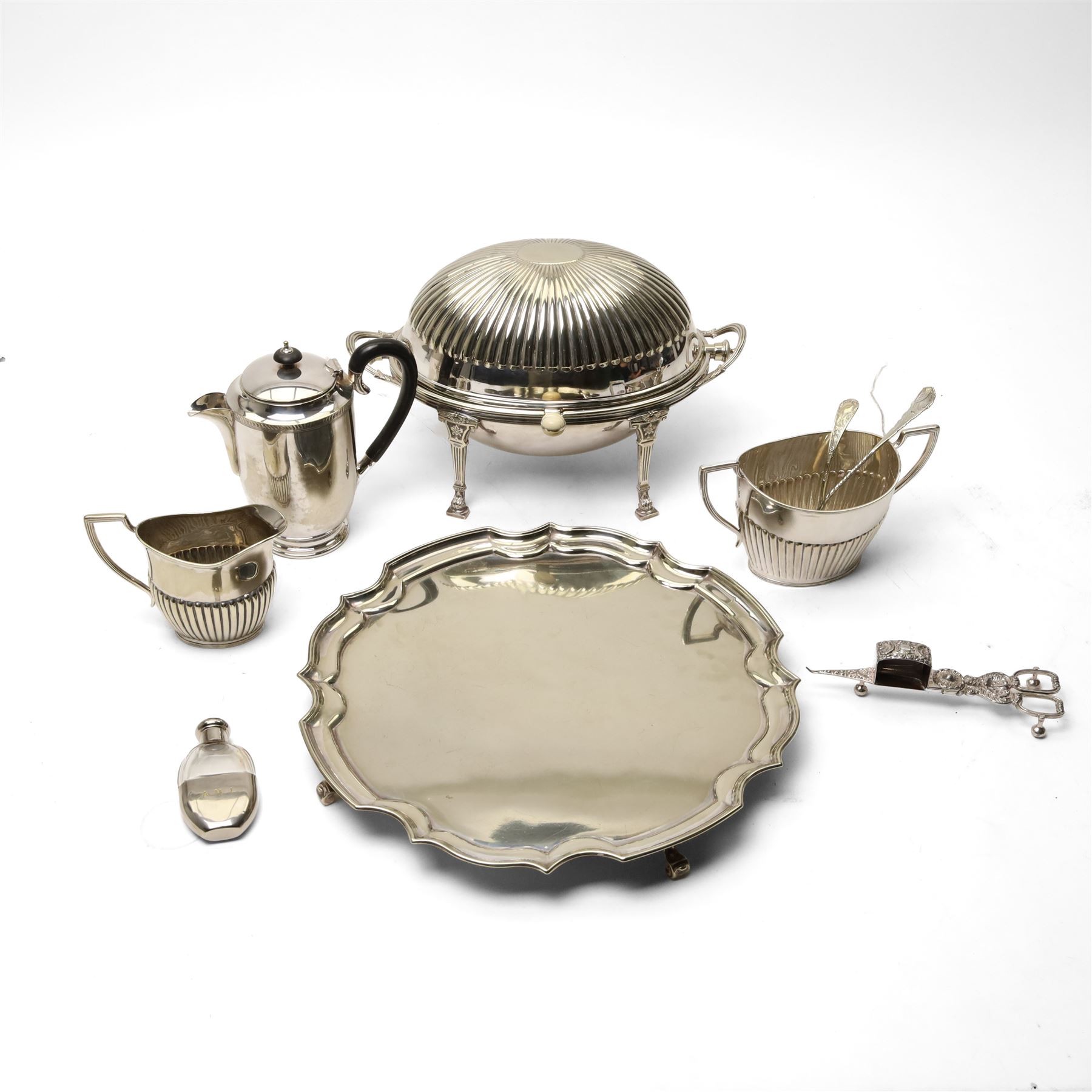 Silver plated items including chafing dish with revolving cover, circular salver, small hip flask, snuffing scissors, milk jug, sugar bowl etc