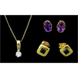 Pair of 18ct gold sapphire stud earrings, 9ct gold single stone diamond pendant necklace and a pair of 9ct gold amethyst stud earrings
