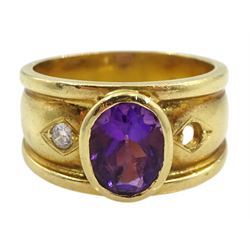 18ct gold oval amethyst and diamond dress ring, stamped 750