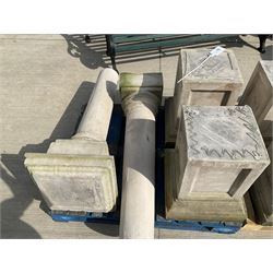 Set of four cast stone architectural columns, tapering form, on square plinth bases