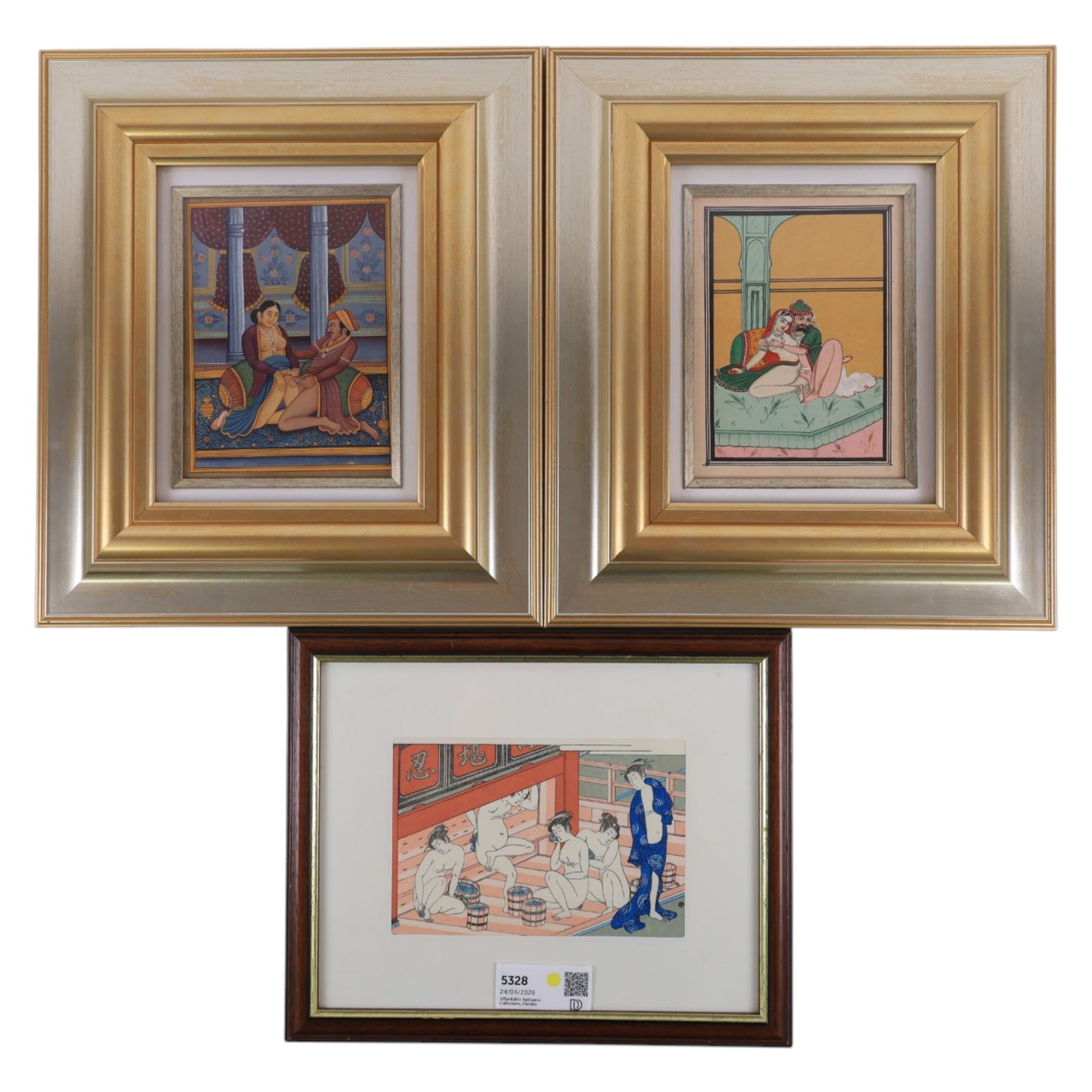 Moghul School (19th/20th century): Erotic scenes, pair watercolours unsigned 19cm x 13.5cm; Japanese School (19th/20th century): Lady's Bath House, woodcut print 13cm x 19cm (3)