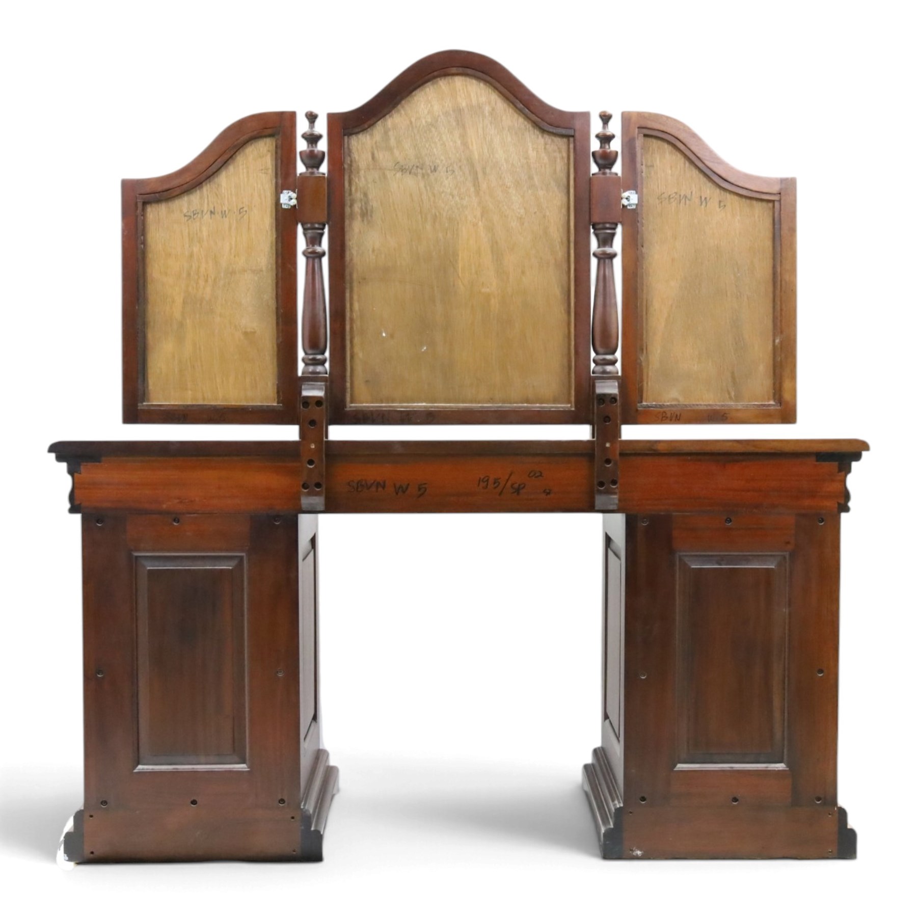 Willis & Gambier - cherrywood dressing table with mirror and stool, three-part mirror on turned uprights with finials, rectangular top above three cushion-moulded frieze drawers, twin pedestals each fitted with three graduated drawers, panelled sides and stepped plinth bases, stool with turned supports and padded seat