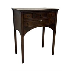 Georgian design inlaid mahogany side table, rectangular top with fluted edge over three short and one long drawer, arched apron, raised on slender supports 