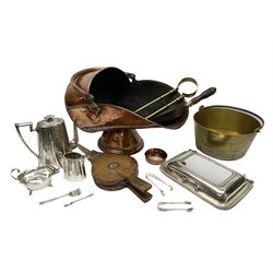 Copper coal scuttle, brass jam pan and bellows and other fireside accessories, together with a quantity of silver plate to include teapot, jug, tongs etc etc