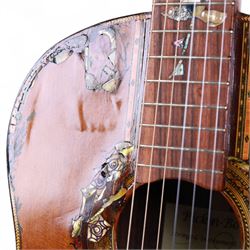 'The Moor Relic' classical guitar, with aged finish and abalone inlay, made by Geoff Hall, stringed instrument maker