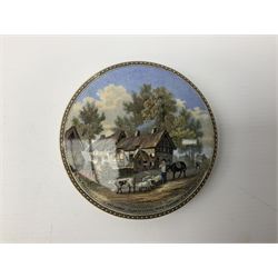 Late 19th Century pot lid bearing ‘The Residence of Anne Hathaway, Shakespeare’s Wife’ below printed decoration of thatched houses and animals scene, Royal Crown Derby Chinoiserie pattern coffee can and saucer, Rd No 758225, and an oval trinket box with gilt decoration bearing interlaced L mark to base (4)