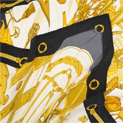 Hermes 'Soleil de Soie' or 'Silk Sun' silk scarf, in navy and gold colourway, designed by Caty Latham, 65cm x 65cm, in original Hermes box