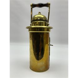 Handheld brass oil lamp, with a turned wooden handle, H26cm