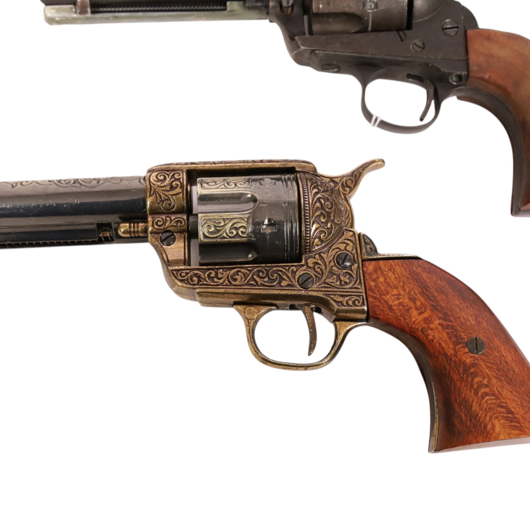 Two replica colts, each with a leather holster 
