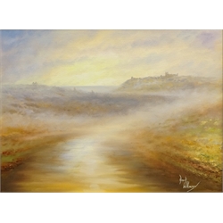  River Esk with Whitby Abbey beyond, 20th century oil on canvas board signed by David Wilkinson 44cm x 60cm  