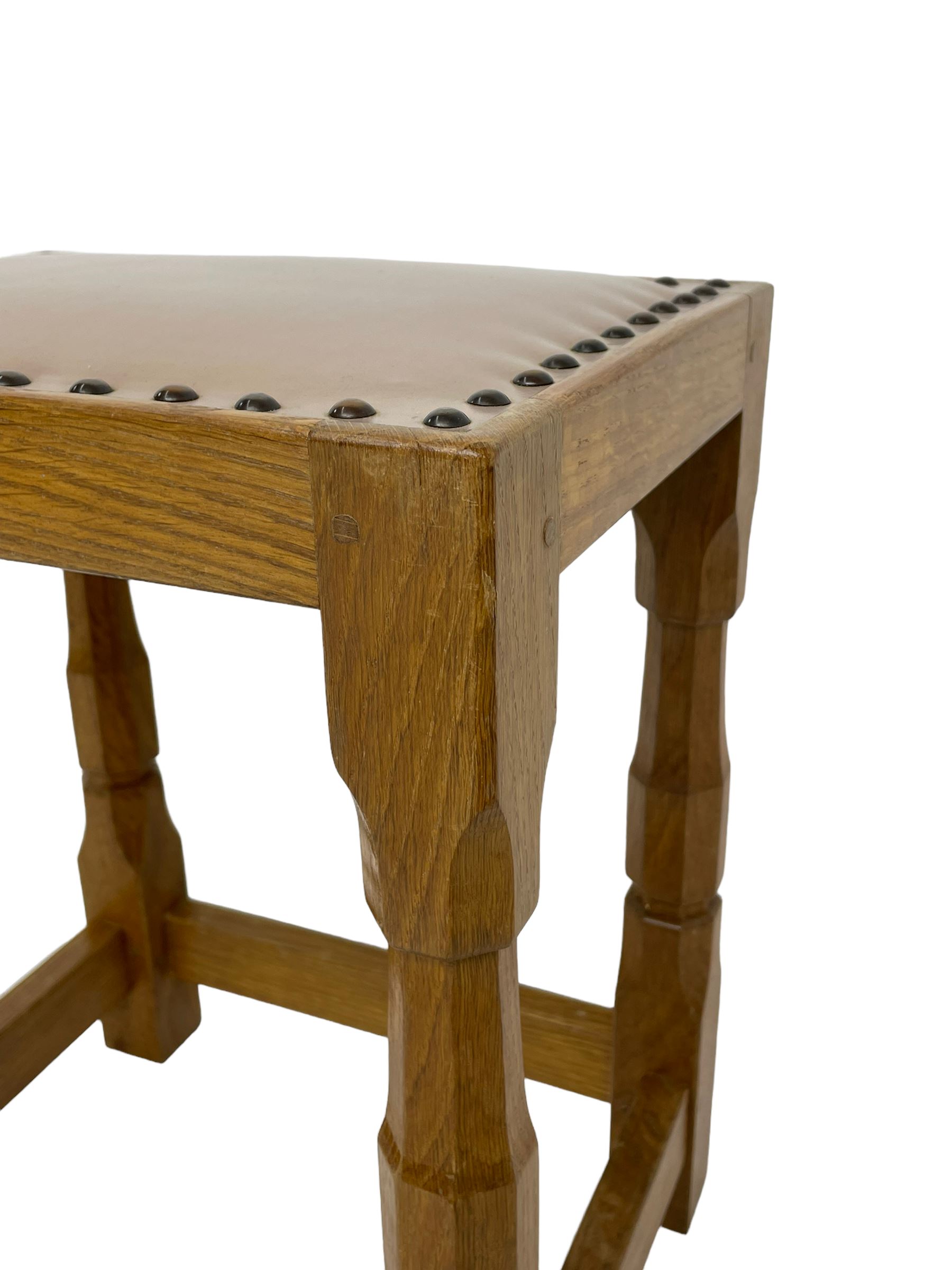 Brian Haw (former Mouseman carver) Yorkshire oak stool, pale leather upholstered seat with