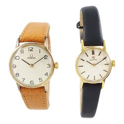 Two Omega ladies 9ct gold manual wind wristwatches, on leather straps, both with repair wa...
