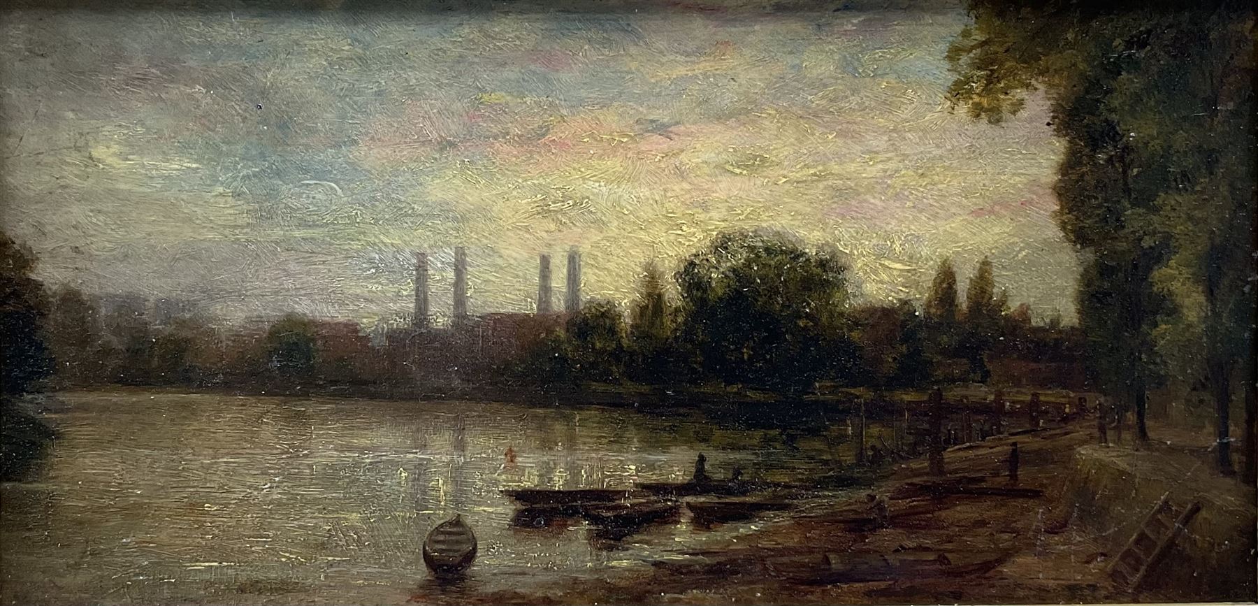 Walter G Reynolds (British exh.1880-1885): 'The Thames at Hammersmith', oil on board, titled with artist's address verso 13cm x 25cm