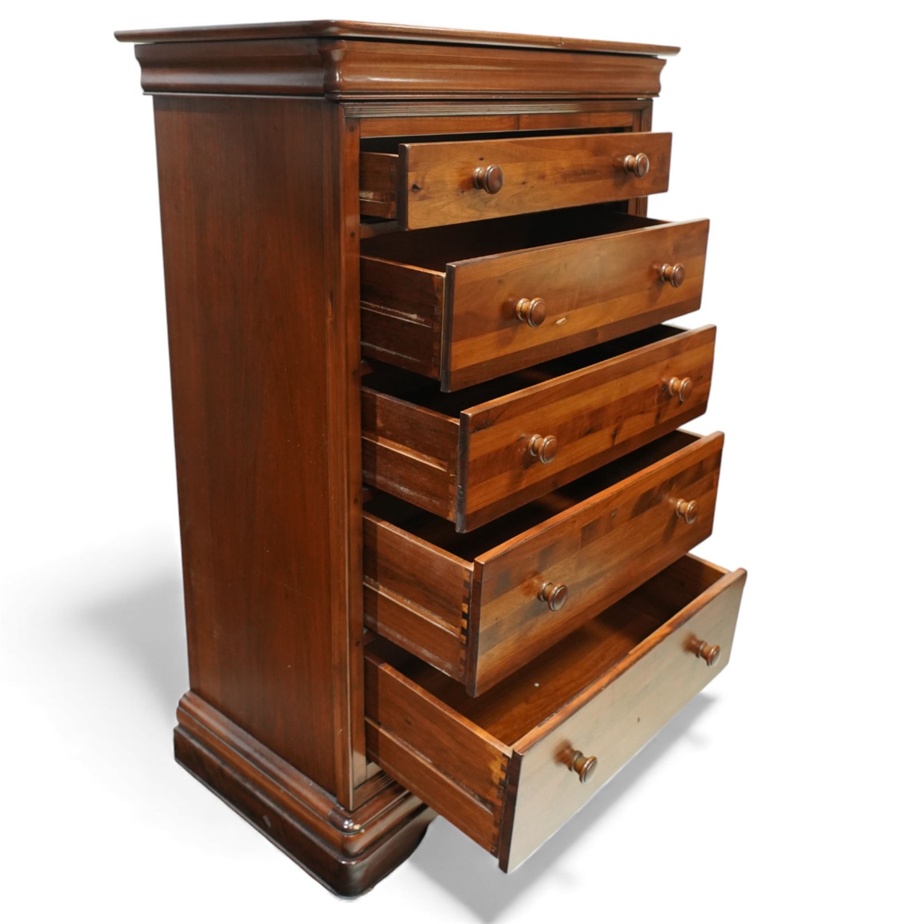 Willis & Gambier - French cherry wood five-drawer chest, the moulded cornice over slide with interior jewellery box all baize lined, two short and three long drawers with turned wooden knobs, on shaped bracket feet