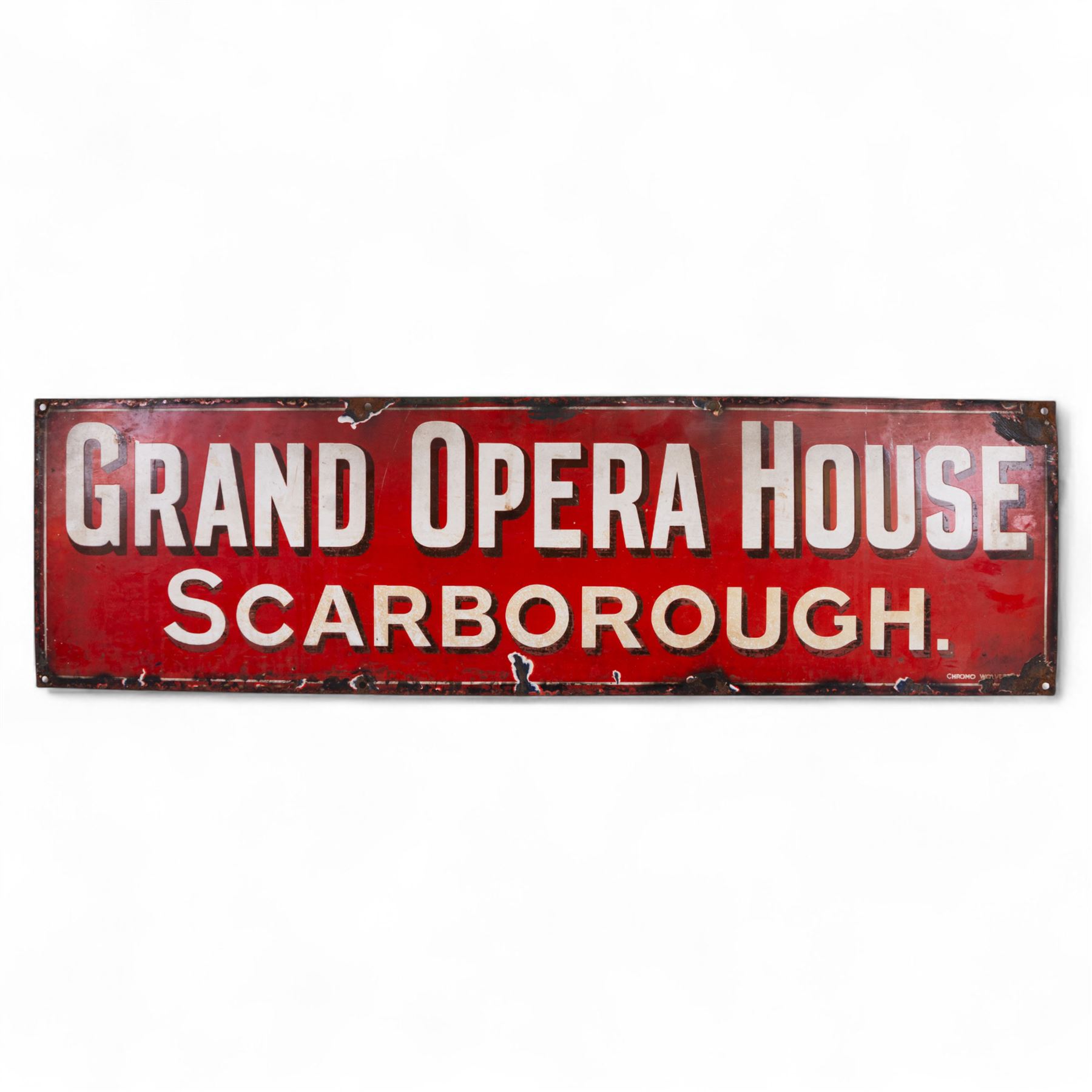 Grand Opera House Scarborough enamel sign, rectangular sign with white lettering and border on a red ground, H31cm, W107cm