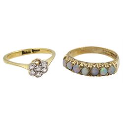 Early 20th century 18ct gold old cut diamond cluster ring and a 9ct gold seven stone opal ring, both stamped 