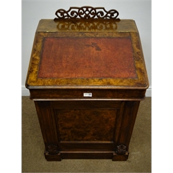  Victorian figured walnut Davenport desk, sliding top with fitted interior and folding pen drawer above four real and four false drawers, W58cm, H92cm, D52cm  