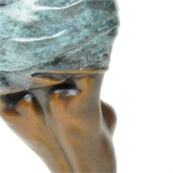 After Milo - bronze figure of a kneeling nude figure removing her shirt, bearing signature H17cm