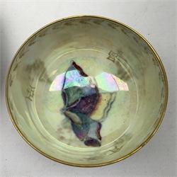A small Wedgwood lustre bowl detailed with a butterfly to the interior, with mark beneath, D8.5cm, together with two Chinese Canton, famile rose plates, (one example regilded), D16cm.
