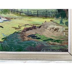 George Hodgkinson (British 1914-1997): 'Cheetham Park Stalybridge', oil on board signed 37cm x 48cm
Notes: Hodgkinson was a representational artist and draughtsman, member of the Manchester Academy of Fine Arts and Stockport Artists Guild. A prolific artist continuing to paint until his death, despite dementia, he left 800 works. There was a retrospective exhibition at the Astley Cheetham Art Gallery in 1998