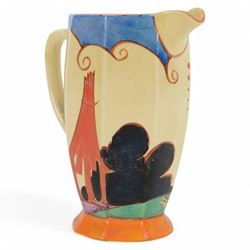 Clarice Cliff Summerhouse pattern, Athens shape jug, circa 1930, with printed Fantasque mark beneath, H16cm
