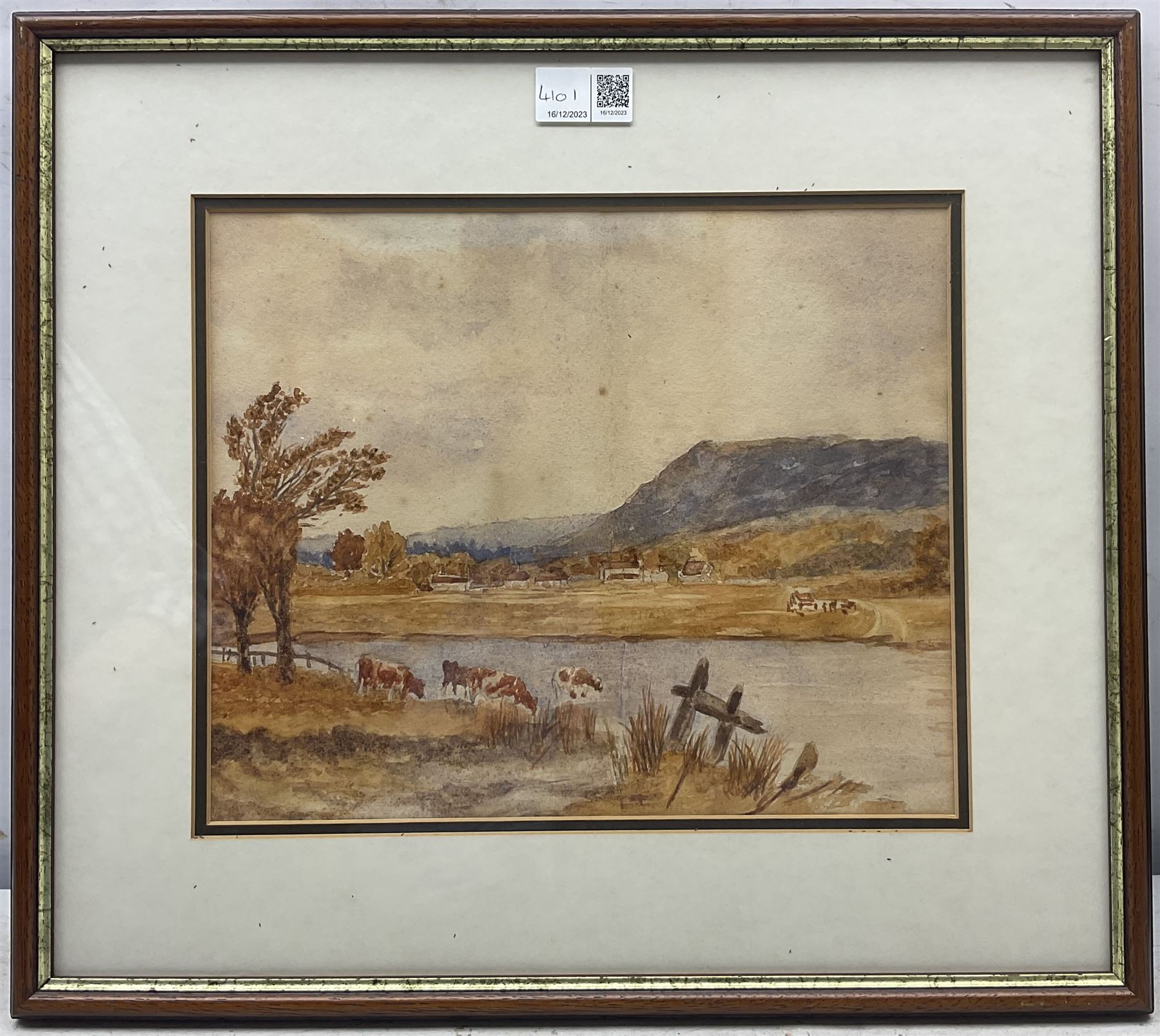 Frederick Thomas Callcott (British 1853-1923): Gentleman in a Doorway, oil on canvas indistinctly signed 22cm x 30cm; Cattle Watering, 19th century watercolour unsigned 24cm x 29cm (2) 