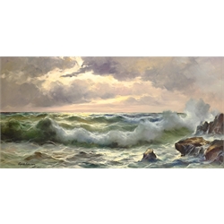 Guido Odierna (Italian 1913-1991): Waves Breaking on the Shore at Twilight, oil on canvas signed 59cm x 117cm