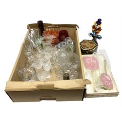 Inlaid box of hexagonal form housing a quantity of various coins, mid 20th century dressing table set with embroidered backing of flowers, and quantity of Victorian and later glassware to include vases, drinking glasses, Carnival glass etc