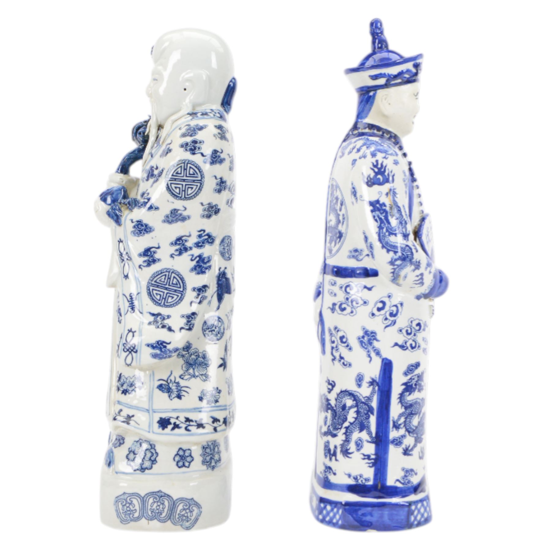 20th century Chinese blue and white porcelain figure of an Emperor, wearing a dragon decorated robe, seal marks beneath, together with blue and white figure of Shou Lao H54cm