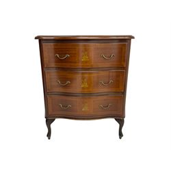 French design inlaid mahogany serpentine chest, crossbanded and strung top, fitted with three drawers, raised on cabriole supports