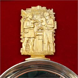 York Minster limited edition silver bowls, commemorating the 500th anniversary of the completion of the Gothic Minster, designed by Hector Miller for Aurum, the gilded handle decorated with stonemasons and blacksmiths working, with planished finish to exterior, no. 326 and 327/1000,  hallmarked Hector Miller, London 1972, D11.5cm, with certificates and original case