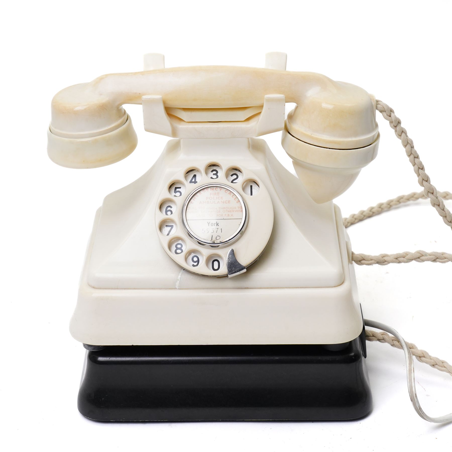 Cream Bakelite telephone, with York Emergency Calls panel, including stand H24cm 