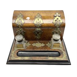 Victorian burr walnut and ebonised correspondence box, with gothic brass mounts and twin glass inkwells of wyrthen twist form, H19cm L33cm D27cm

