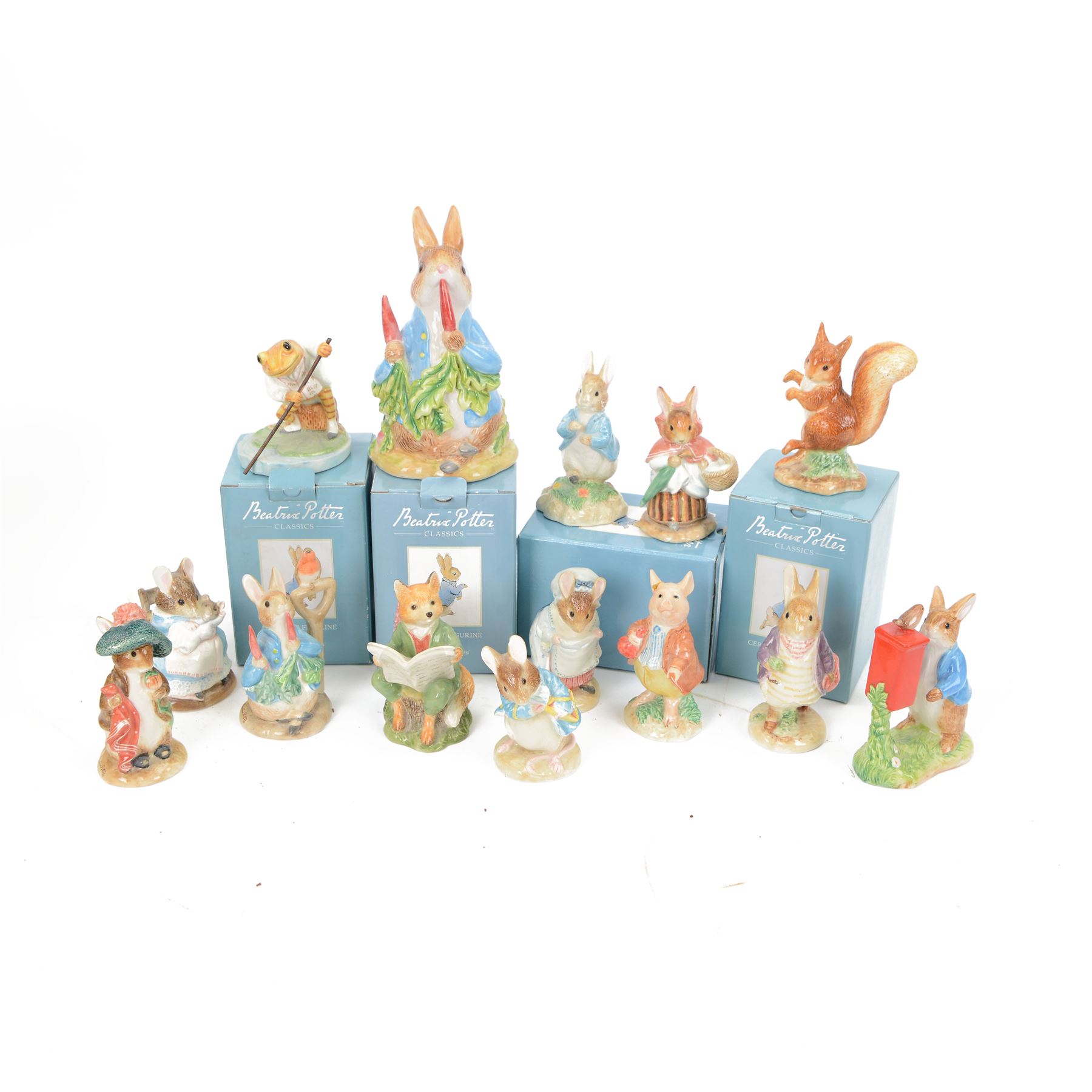 Fourteen Border Fine Arts Beatrix Potter figures, including Squirrel Nutkin, Running Peter Rabbit, Benjamin Bunny, Mr Jeremy Fisher etc, all with original boxes   