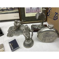Quantity of pewter figures, to include Commando figure and 42 Commando Royal Marines figure, hunting related badges, flask, framed hunting prints, 1960 The Motor Cycle magazine and other 1960s motorbike magazines etc
