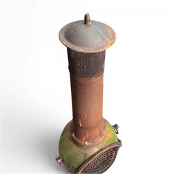 Garden chiminea, with mesh front spark guard, flue chimney on three splayed legs, in a weathered finish
