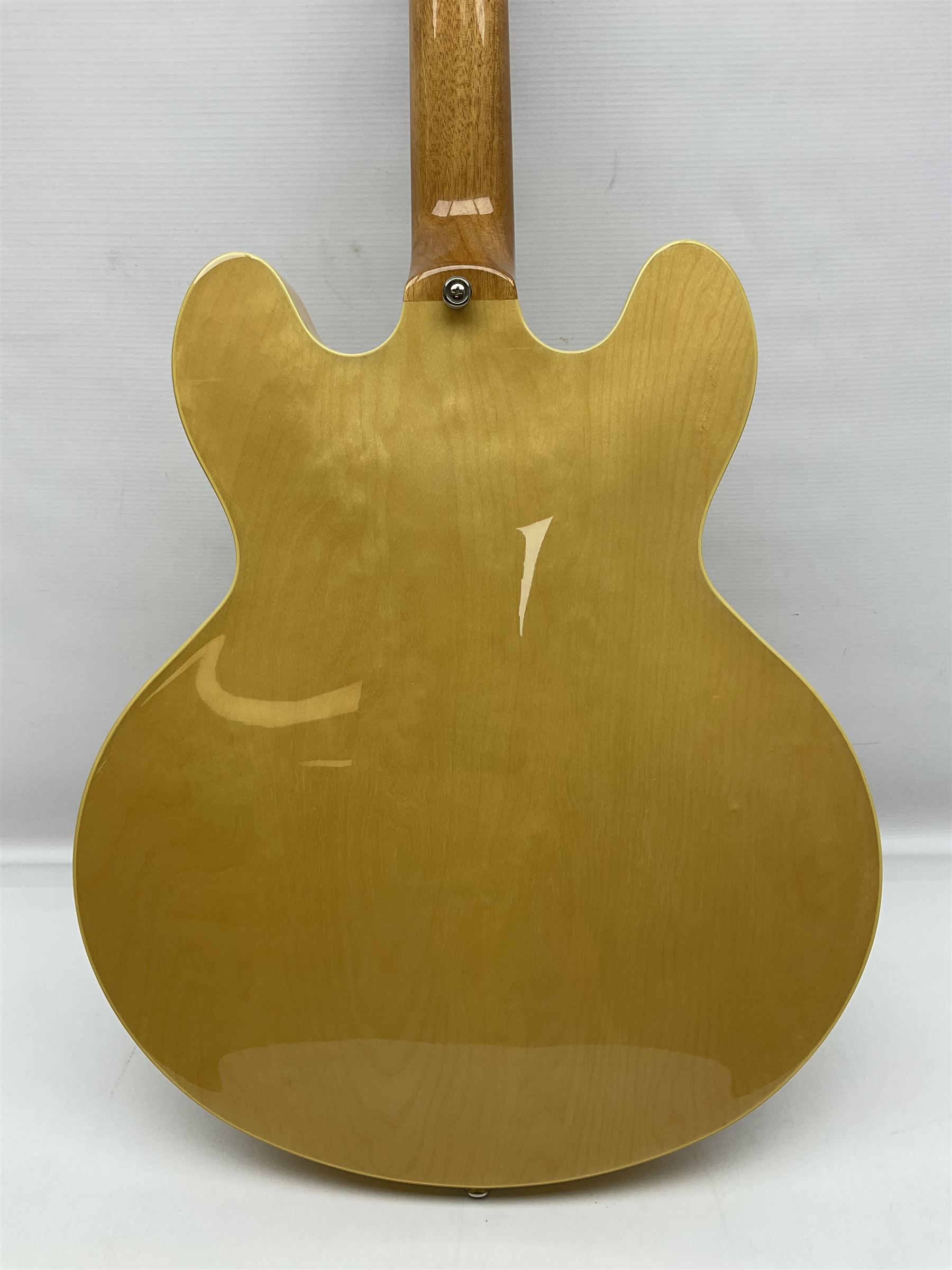 Epiphone Casino NA semi-acoustic guitar with natural maple finish and P90 pick-ups, serial no.19061529340, L105cm overall; in original hard carrying case